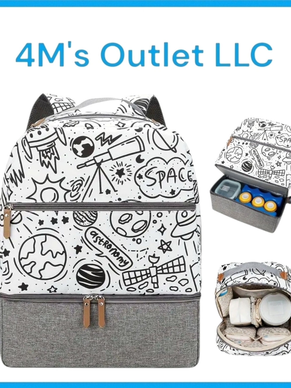 Kids Space-Themed Dual Compartment Lunch Backpack - White & Gray
